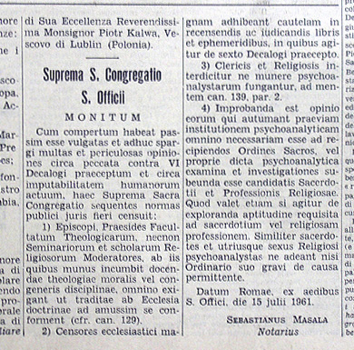 Sant'Uffizio, 15 luglio 1961. Il divieto della psicoanalisi. No al lettino di Freud